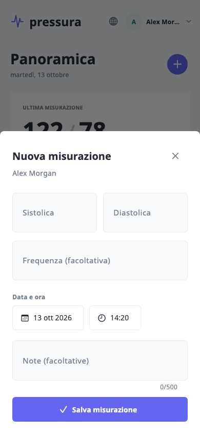 Pressura · Aggiungi una misurazione · Schermata dell'app con dati di esempio