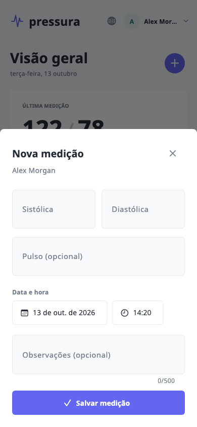 Pressura · Adicione uma medição · Tela do app com medições de exemplo